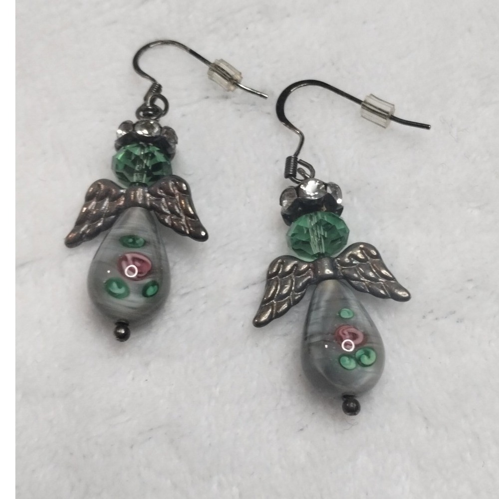 Handmade Gray Glass Angel‎ Drop Earrings Green Crystal Wings Gunmetal Fishhook